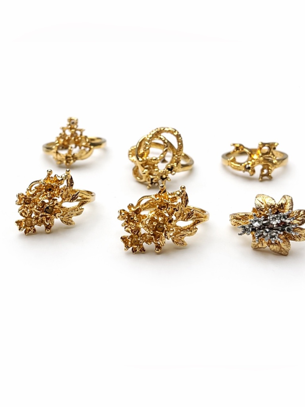Vintage Style Gold Tone sample Ring Lot 6 Floral Abstract Sz 5.75-7 Craft Repair
